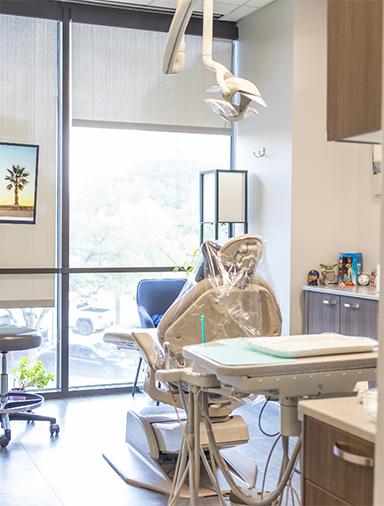 Dental exam chair seen from behind