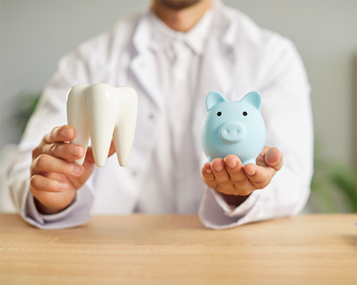 Dentist holding a piggy bank and a model of a tooth