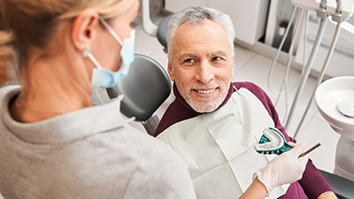 A dentist assessing her patient for dentures