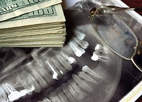 money on dental X-ray representing the cost of dental emergencies in Las Colinas