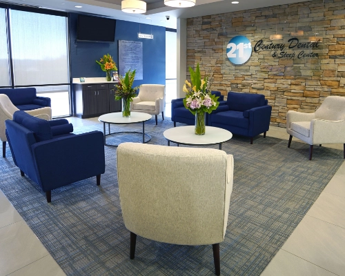 White and blue armchairs in the waiting area