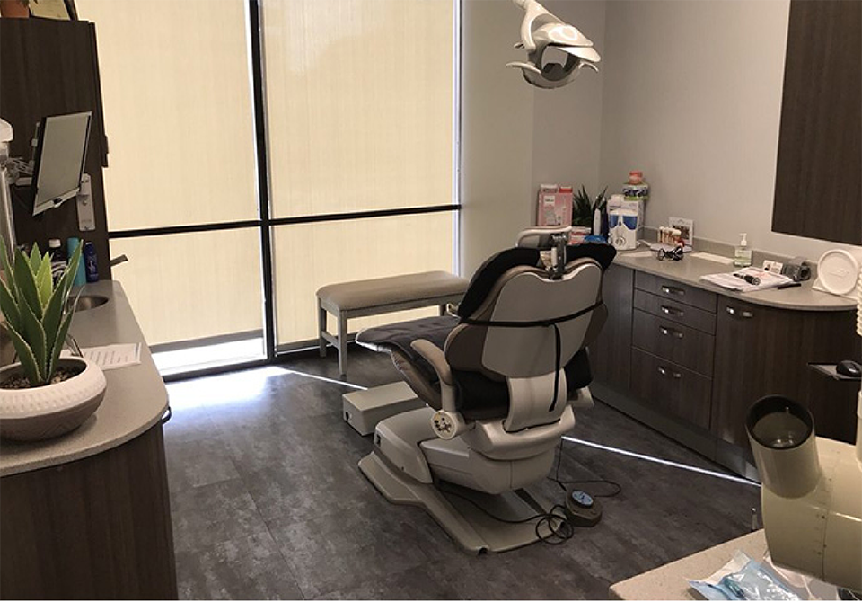 Dental treatment room viewed from behind
