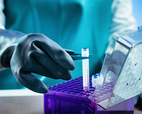 Medical professional placing a sample vial into a box