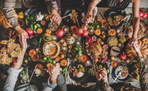 Birds eye view of Thanksgiving dinner