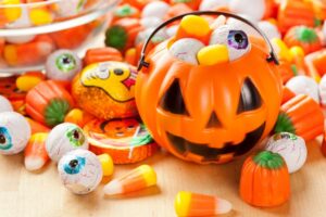 Halloween pail filled with candy